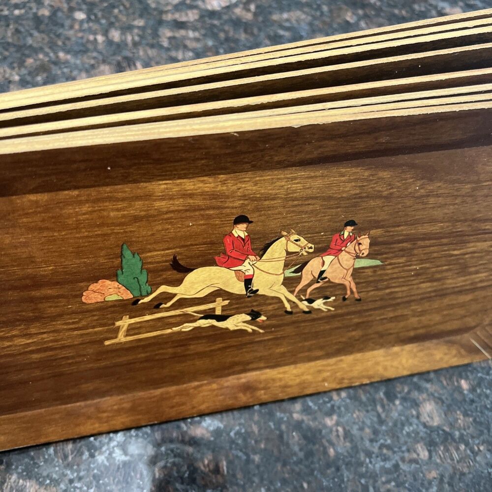 Vintage Hasko Wooden Trays English Hunting Scene Set of 8
